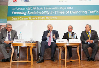 Immediate past ASECAP president, J. Mesqui (holding a microphone) and newly elected ASECAP president O. Halleraker (second from the right)